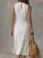 Vera | Stand Collar Split Hem Linen Midi Dress oaklynwear
