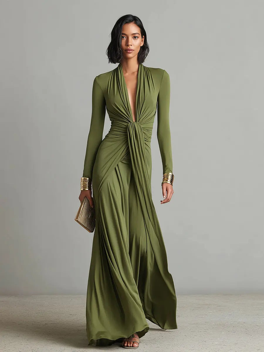 Valentina | Women's Olive Silky Stretchy Dress With Deep V-Neck & Ruched Detail oaklynwear