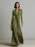 Valentina | Women's Olive Silky Stretchy Dress With Deep V-Neck & Ruched Detail oaklynwear