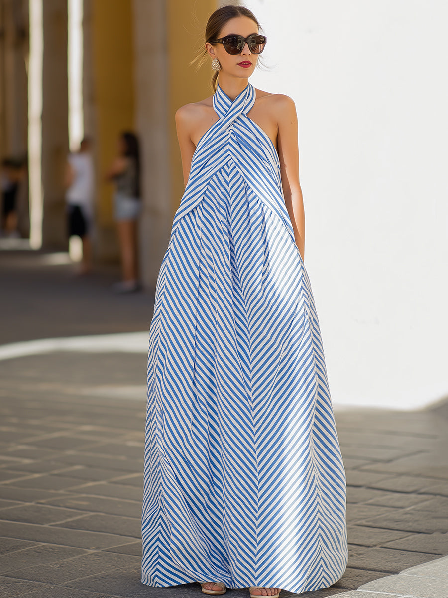 Marina | Striped Halter Neck Maxi Dress oaklynwear