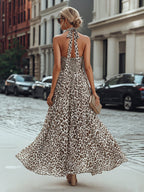 Leopard Print Halter Neck Flowing Maxi Dress oaklynwear