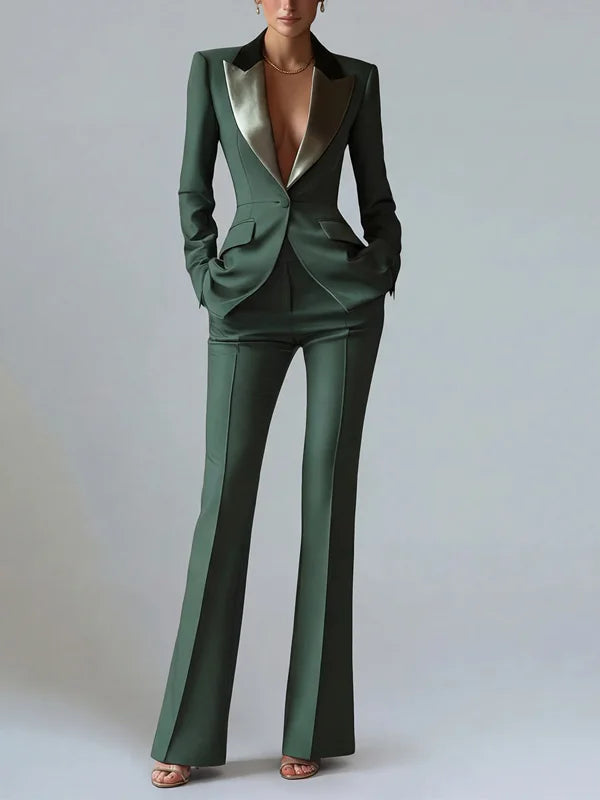Solid Color Blocked Satin Lapel Blazer Trousers 2-Piece Suit oaklynwear