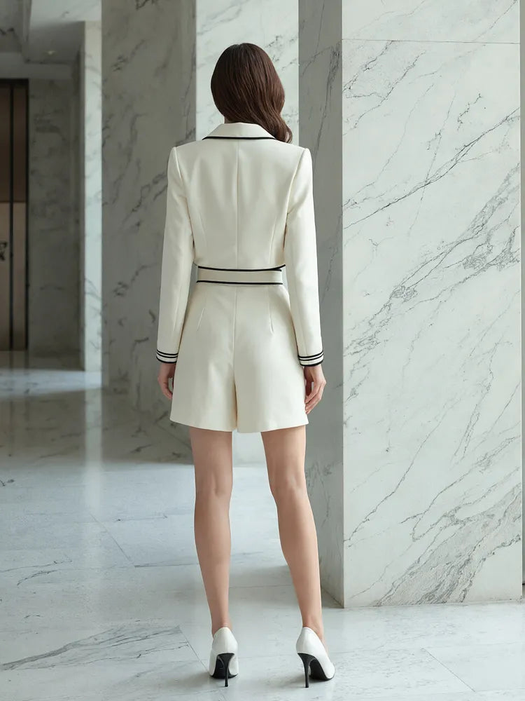 Cream Colored Short Blazer With Black Piping And High Waisted Pleated Shorts 2-Piece Suit oaklynwear