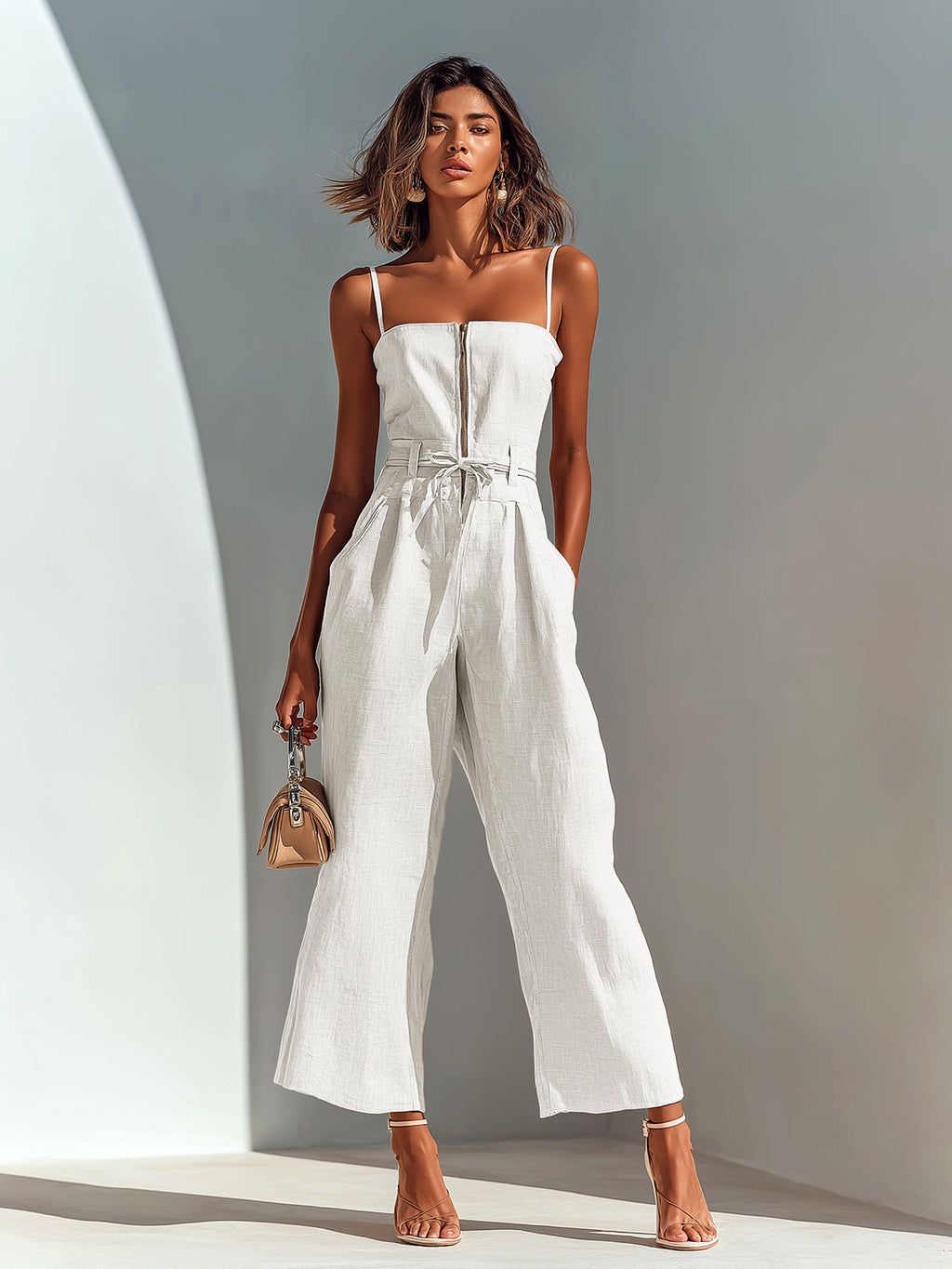 ElevenOra Chic Casual Camel Cotton-Linen Blend Strappy Sleeveless Zipper-Front Tie-Waist Wide-Leg Cropped Jumpsuit oaklynwear