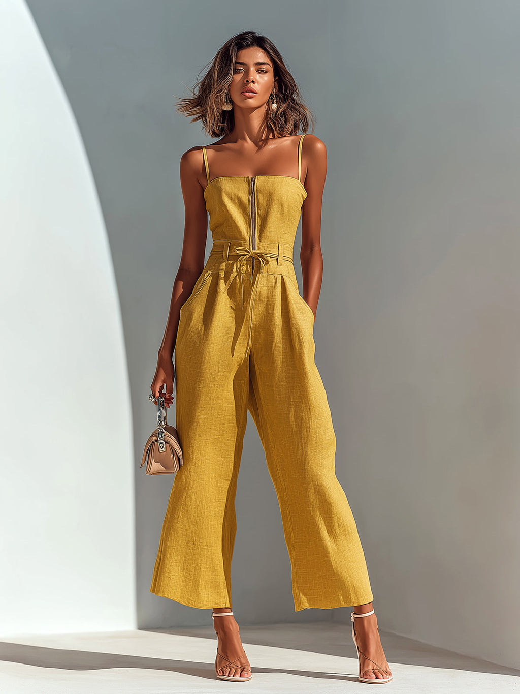 ElevenOra Chic Casual Camel Cotton-Linen Blend Strappy Sleeveless Zipper-Front Tie-Waist Wide-Leg Cropped Jumpsuit oaklynwear