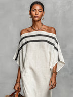 Bianca | Women's Minimalist Linen Blend Off-the-Shoulder Batwing Sleeve Straight-Cut Maxi Dress oaklynwear