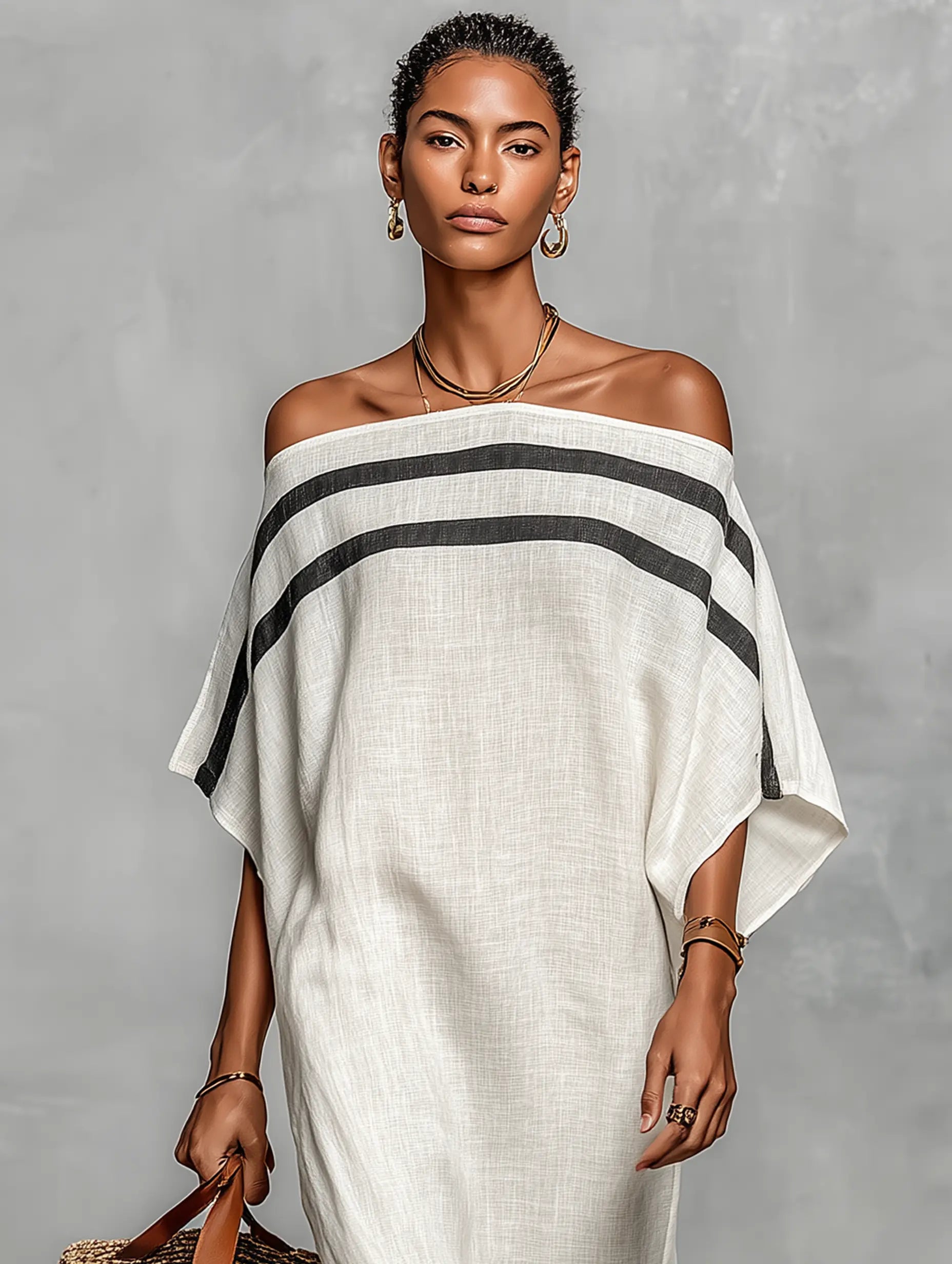 Bianca | Women's Minimalist Linen Blend Off-the-Shoulder Batwing Sleeve Straight-Cut Maxi Dress oaklynwear