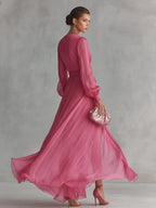 Rosalie | Women's Elegant Rose Pink Pearl Chiffon V-Neck Tie-Waist Long Dress oaklynwear