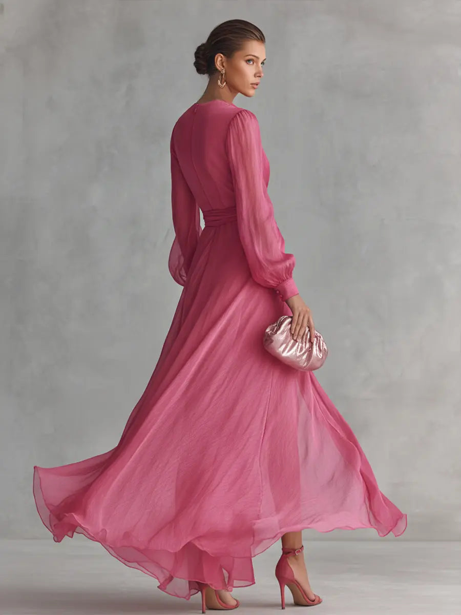 Rosalie | Women's Elegant Rose Pink Pearl Chiffon V-Neck Tie-Waist Long Dress oaklynwear