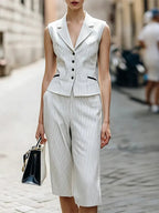White Pinstripe Vest And Cropped Wide Leg Pants 2-Piece Suit oaklynwear