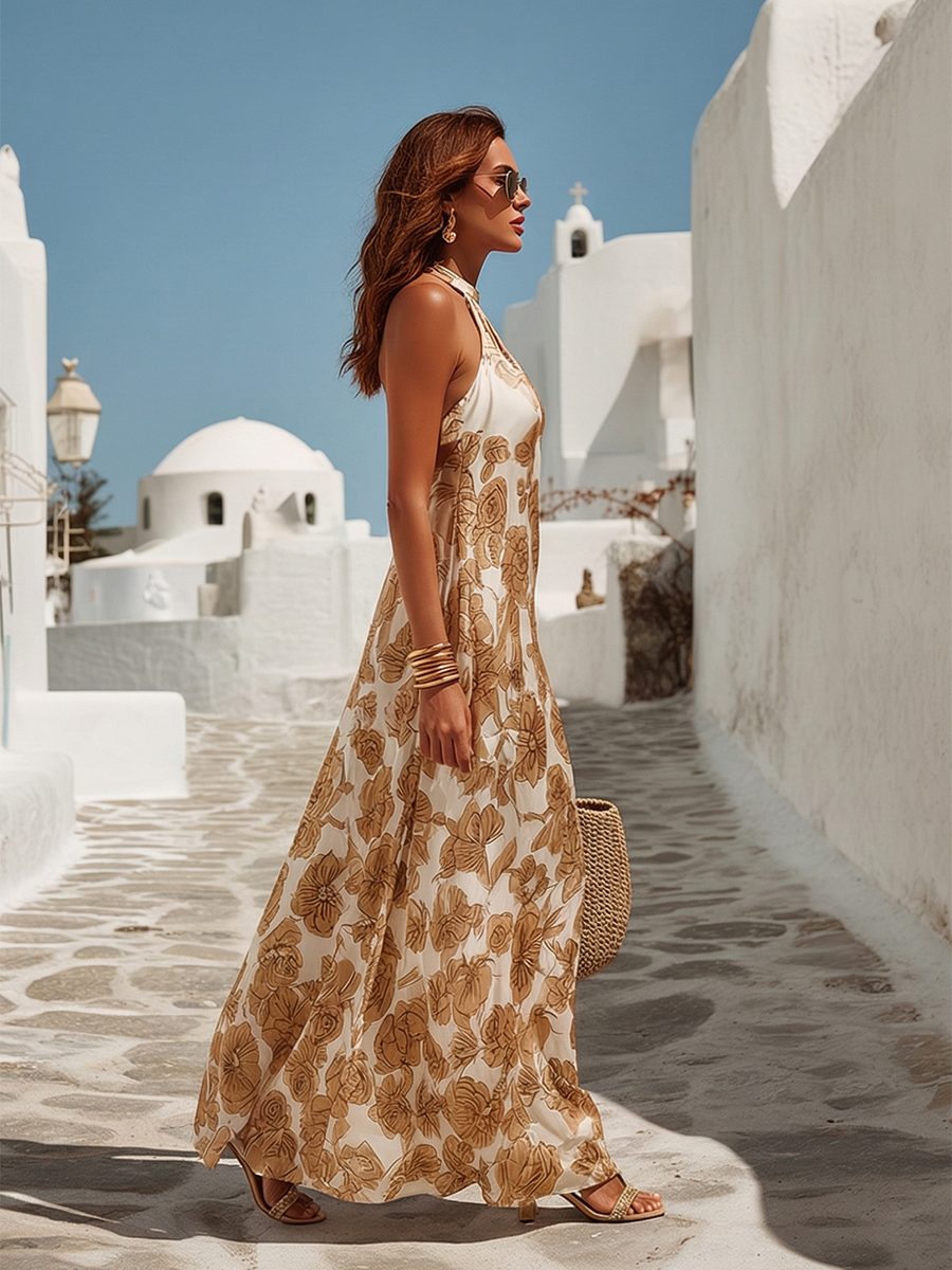 Chic Vacation Sleeveless Floral-Print Satin Maxi Dress oaklynwear