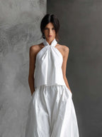 Daisy | Women's Casual White Cotton and Linen Halter-Neck Sleeveless Top and Skirt Set oaklynwear