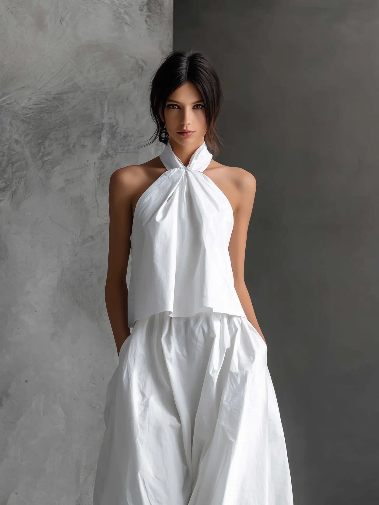 Daisy | Women's Casual White Cotton and Linen Halter-Neck Sleeveless Top and Skirt Set oaklynwear
