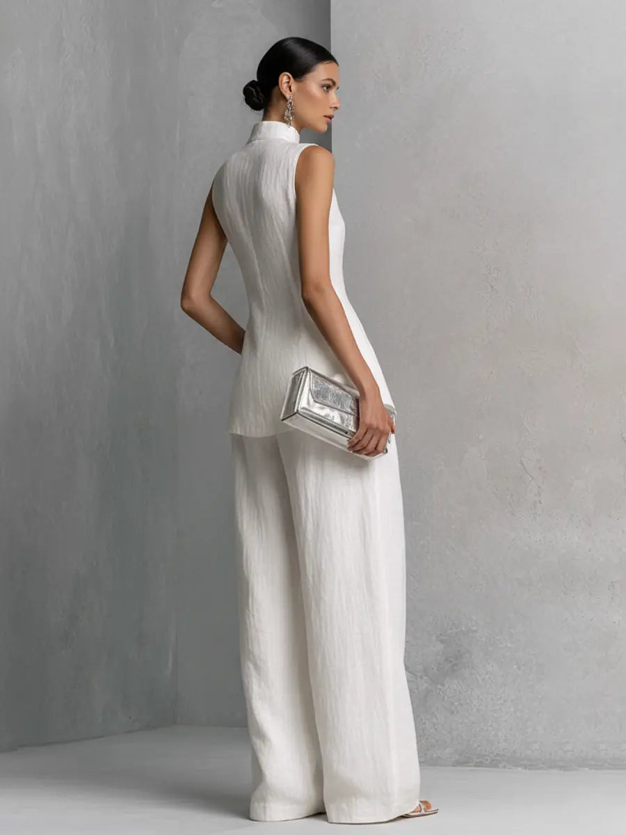 Grace | Women's Elegant White Cotton Linen Sleeveless Top and Wide-Leg Pants Set oaklynwear