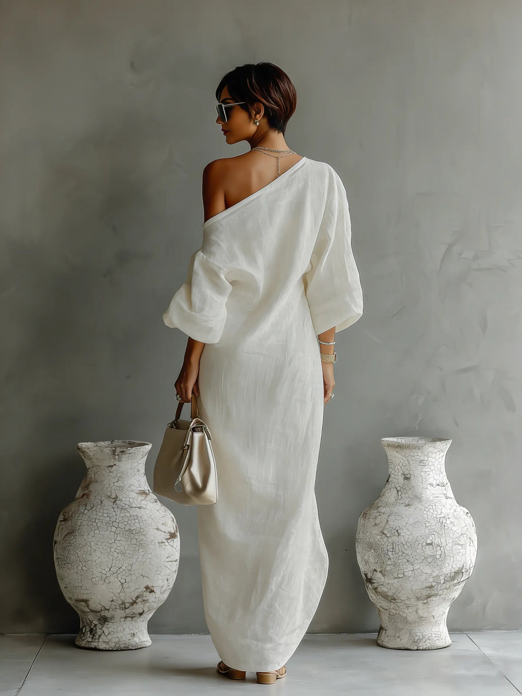 Elara™ | One-Shoulder Linen Maxi Dress with Pockets – Loose Fit Casual Summer Dress oaklynwear