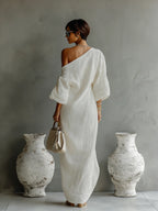 Elara™ | One-Shoulder Linen Maxi Dress with Pockets – Loose Fit Casual Summer Dress oaklynwear