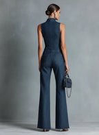 Roxanne | Women's Retro Style Dark Blue Denim Sleeveless High-Neck Flared Jumpsuit With Front Zipper oaklynwear