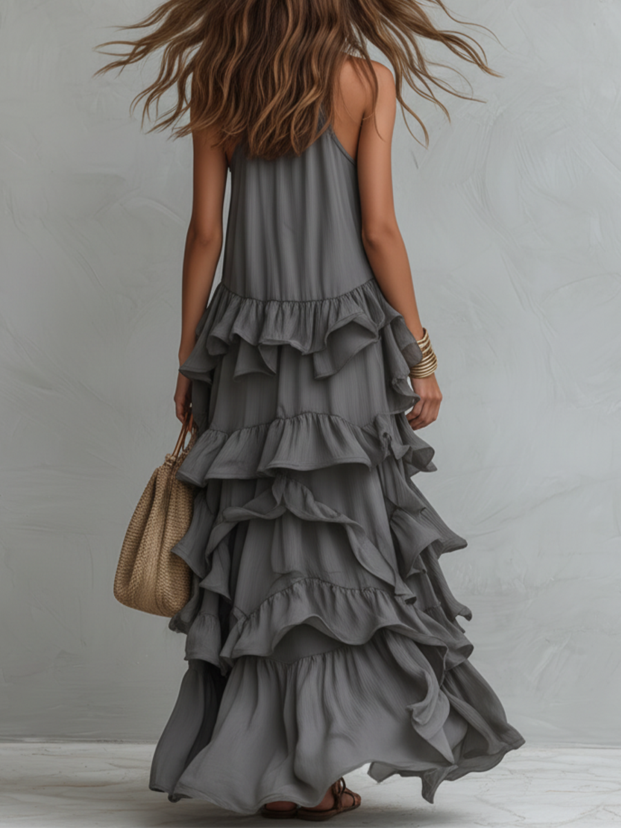 Giselle | Layered Ruffle Grey Maxi Dress oaklynwear