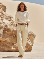 Resort-style Cotton V-neck Long-sleeved Trouser Set oaklynwear