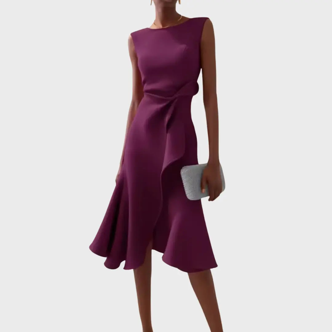 Oaklyn Asymmetric Ruffle Midi Dress – Boat Neck Sleeveless Formal Elegance oaklynwear