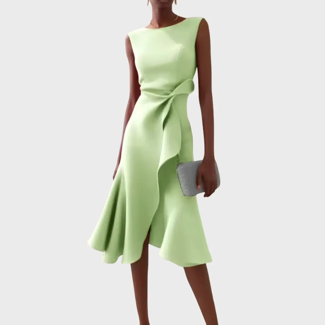 Oaklyn Asymmetric Ruffle Midi Dress – Boat Neck Sleeveless Formal Elegance oaklynwear