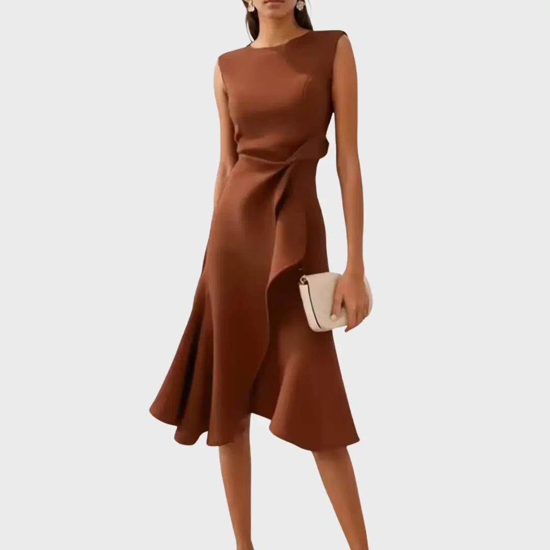 Oaklyn Asymmetric Ruffle Midi Dress – Boat Neck Sleeveless Formal Elegance oaklynwear