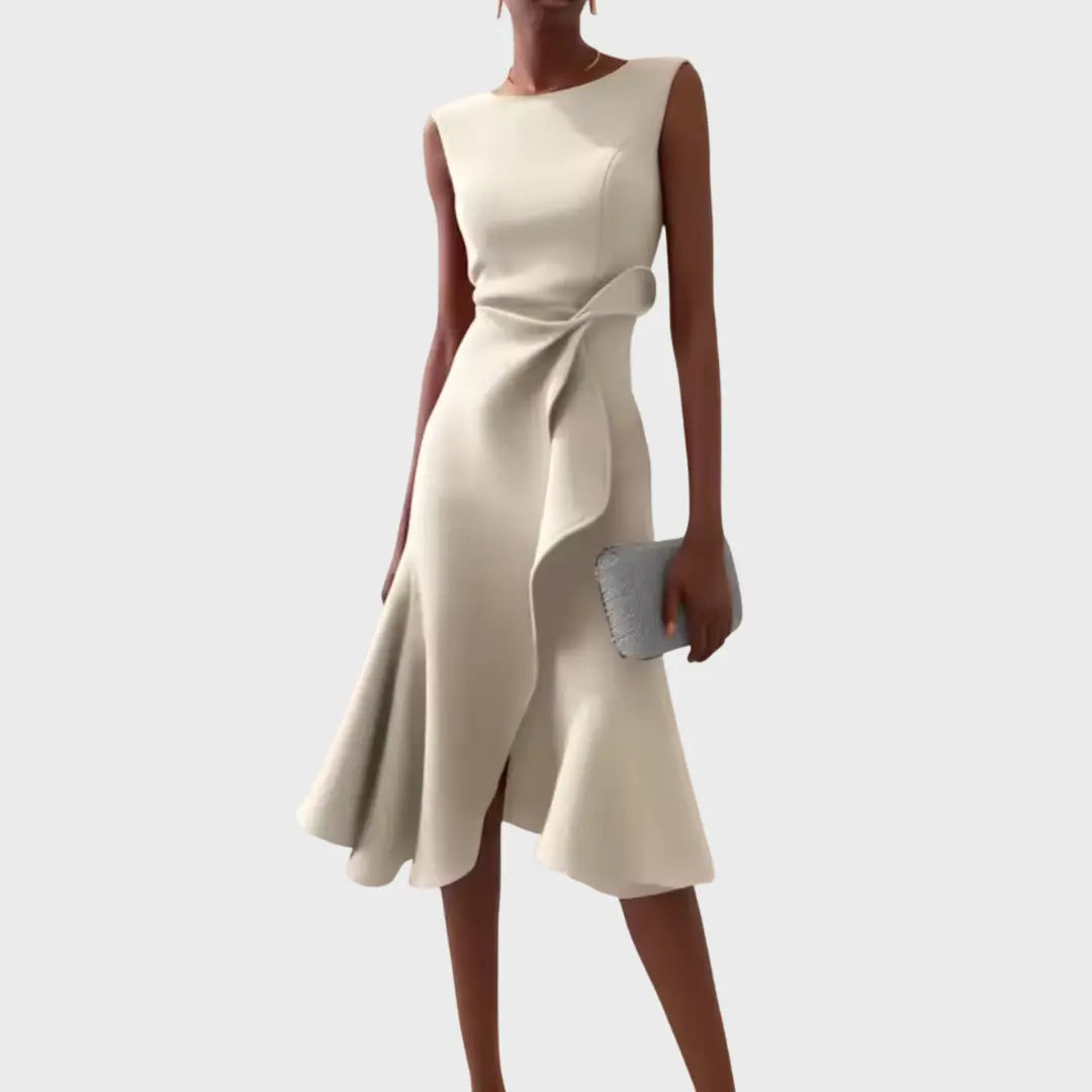 Oaklyn Asymmetric Ruffle Midi Dress – Boat Neck Sleeveless Formal Elegance oaklynwear