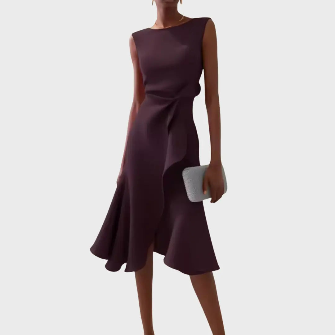 Oaklyn Asymmetric Ruffle Midi Dress – Boat Neck Sleeveless Formal Elegance oaklynwear