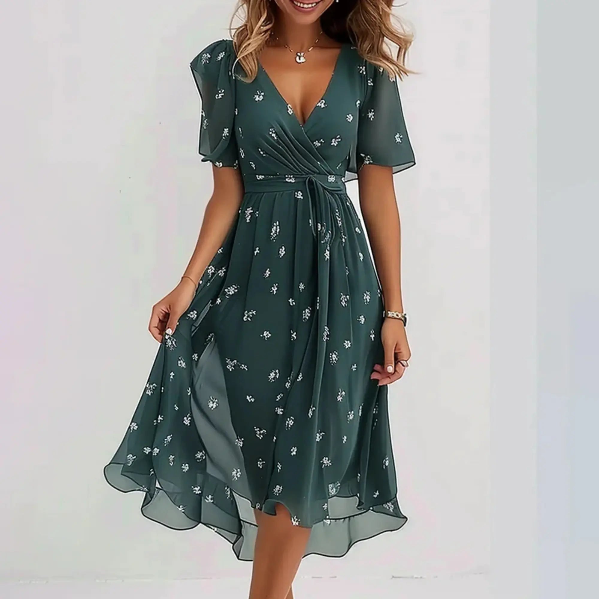 Oaklyn Ditsy Floral Chiffon Midi Dress – Wrap V-Neck Flutter Sleeve Tie Waist Elegant Style oaklynwear