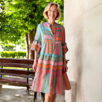 Oaklyn Aztec Geometric Tiered Midi Dress – Mandarin Collar 3/4 Flare Sleeve Boho Spring Style oaklynwear