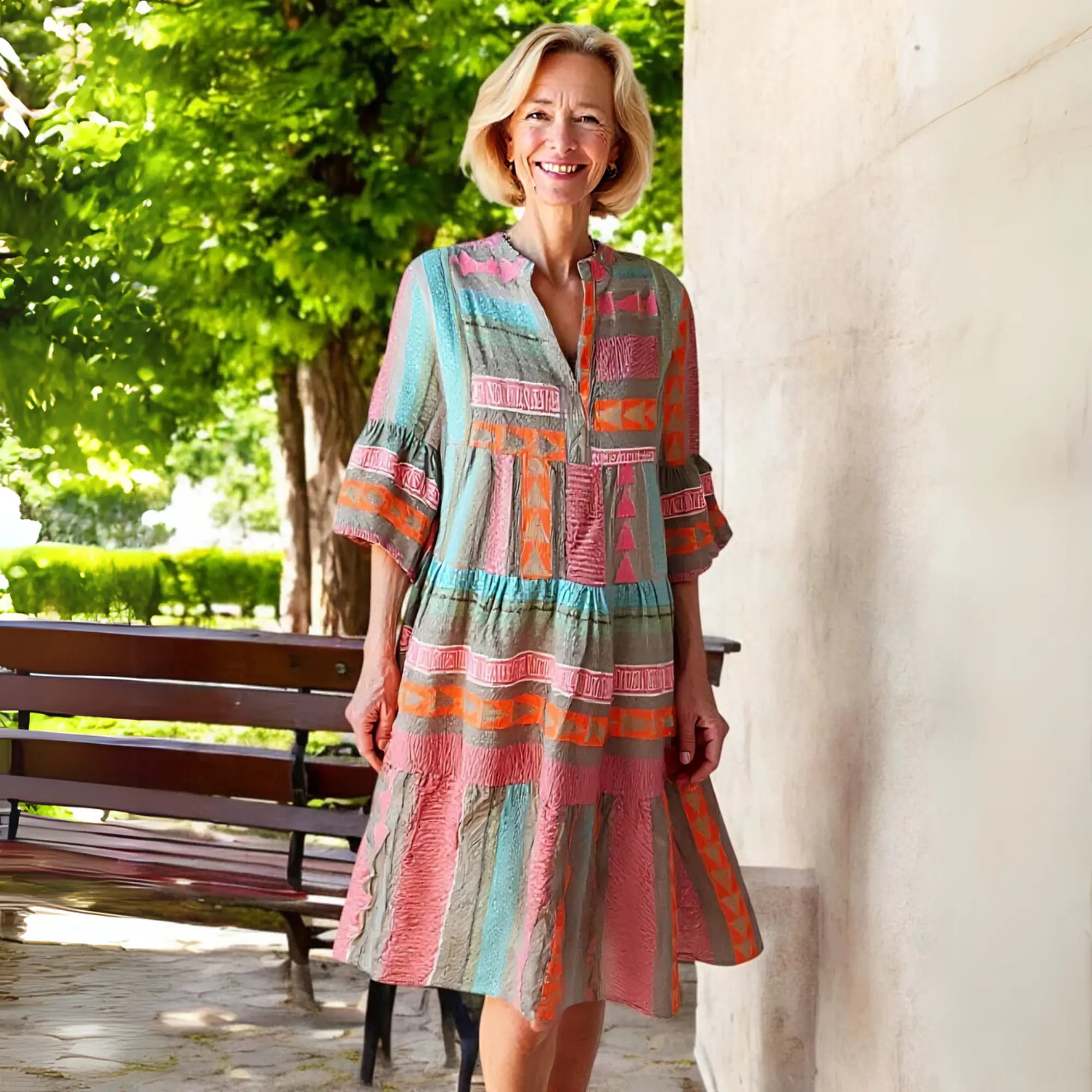 Oaklyn Aztec Geometric Tiered Midi Dress – Mandarin Collar 3/4 Flare Sleeve Boho Spring Style oaklynwear