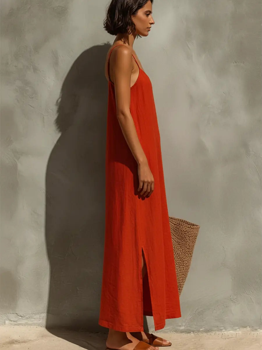 Ruby | Women's Red Cotton Dress With Spaghetti Straps & Square Neck oaklynwear