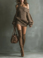 Amber | Women's Brown Off-Shoulder Knit Mini Dress oaklynwear