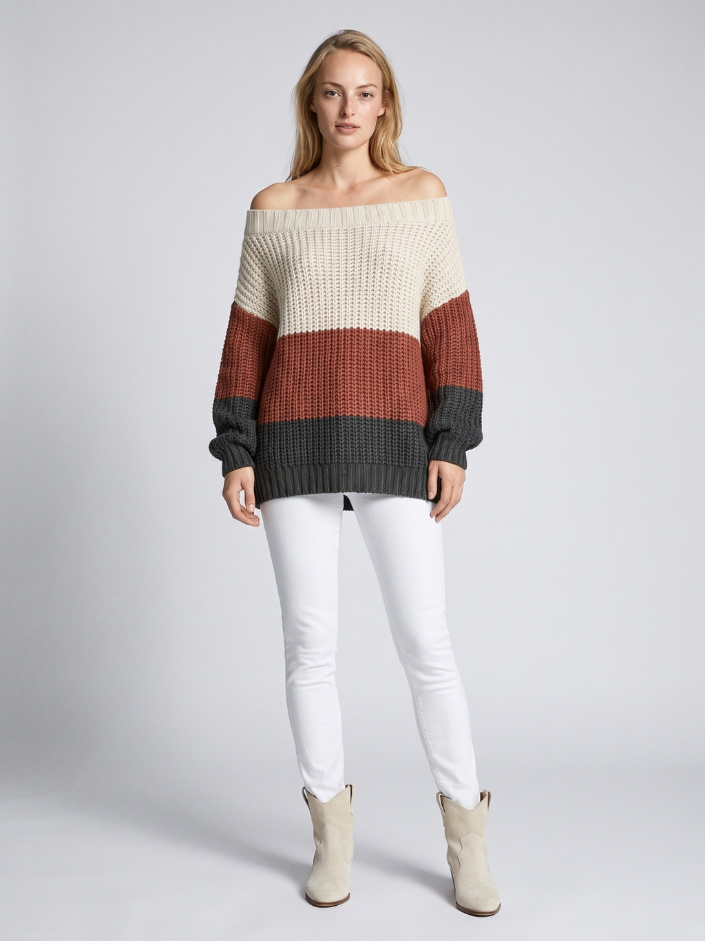 Kinsley | Off-Shoulder Striped Boho Knit Sweater, Oversized Coastal Pullover oaklynwear