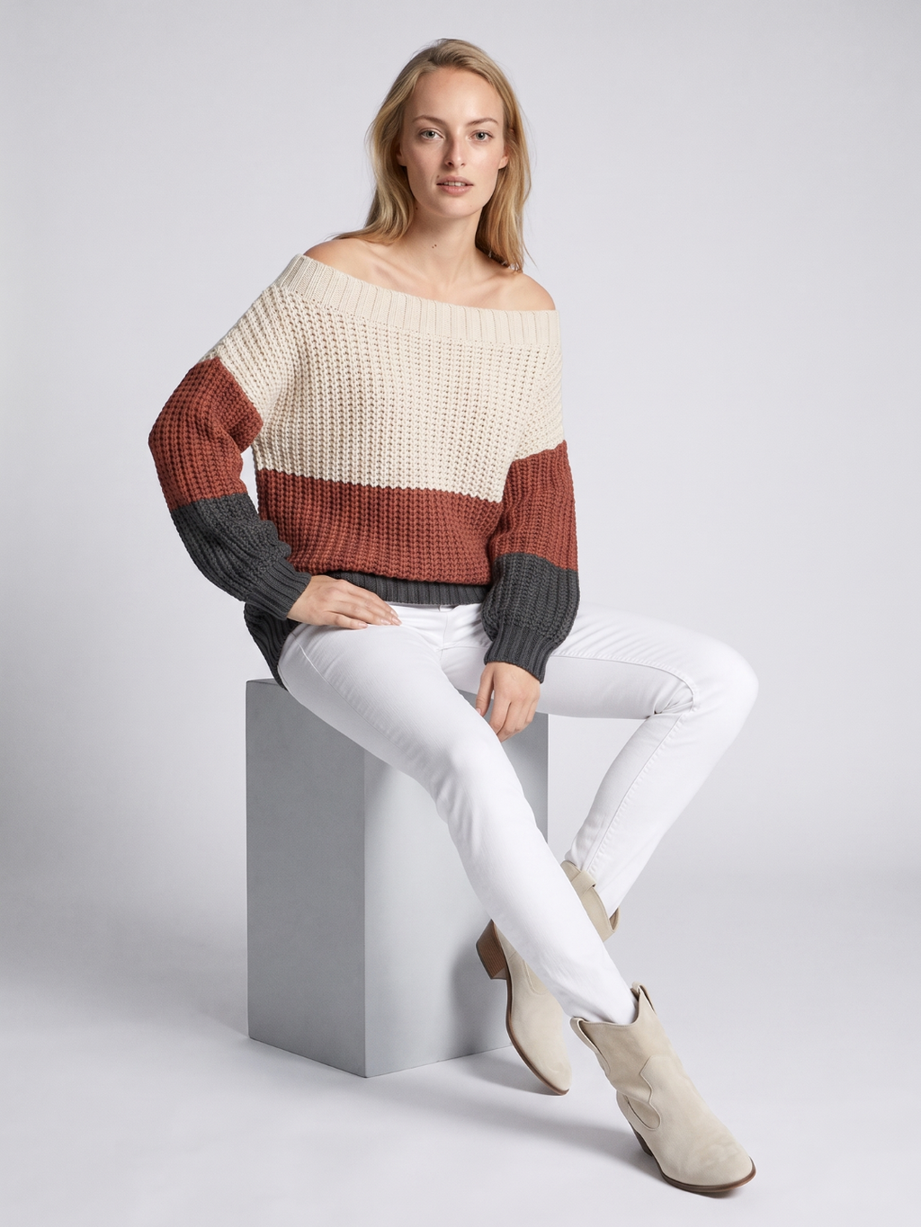 Kinsley | Off-Shoulder Striped Boho Knit Sweater, Oversized Coastal Pullover oaklynwear