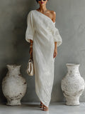 Elara™ | One-Shoulder Linen Maxi Dress with Pockets – Loose Fit Casual Summer Dress oaklynwear