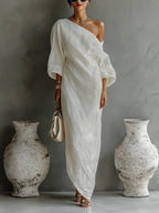 Elara™ | One-Shoulder Linen Maxi Dress with Pockets – Loose Fit Casual Summer Dress oaklynwear
