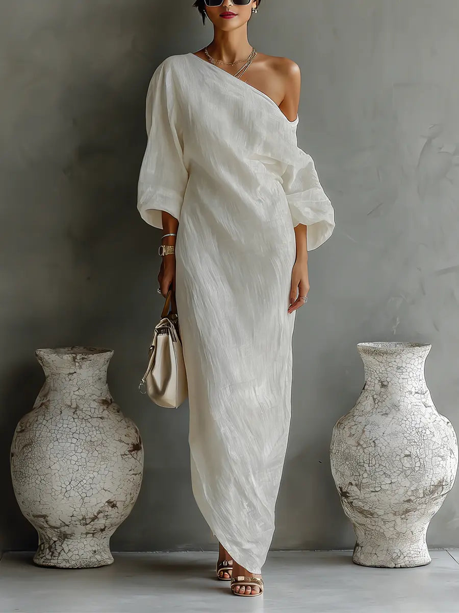 Elara™ | One-Shoulder Linen Maxi Dress with Pockets – Loose Fit Casual Summer Dress oaklynwear