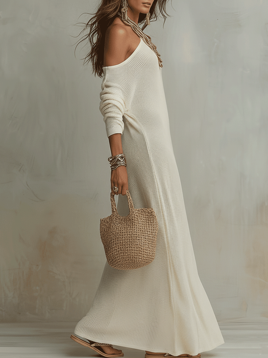 Celeste | One-Shoulder Textured Ivory Maxi Dress oaklynwear