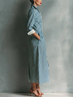 Rosie | Women's Blue And White Cotton Blend Striped Shirt Dress With Red Chest Pocket oaklynwear