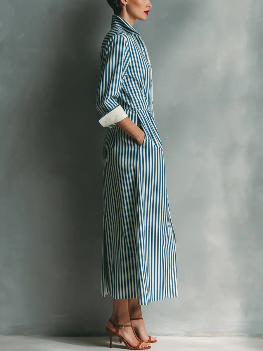 Rosie | Women's Blue And White Cotton Blend Striped Shirt Dress With Red Chest Pocket oaklynwear