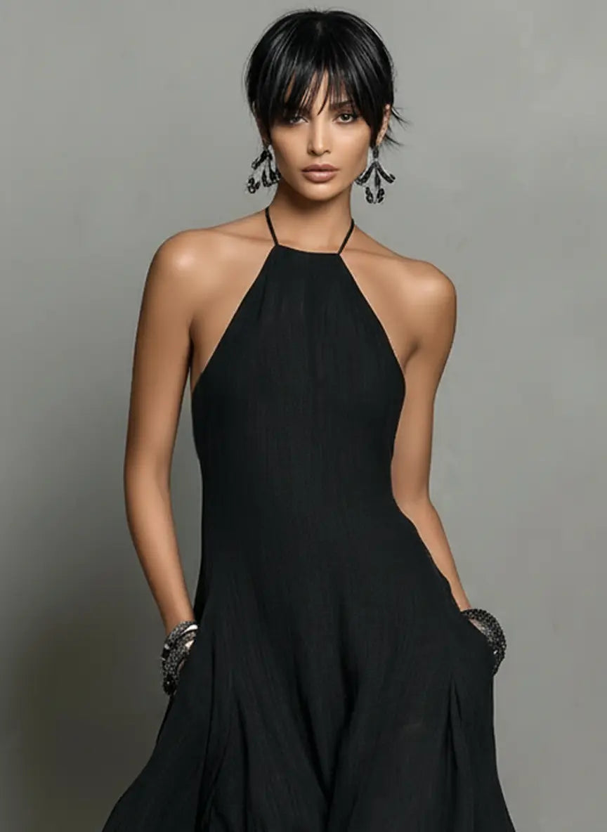 Paloma | Women's Minimalist Linen Blend Halter Neck Sleeveless Maxi Dress oaklynwear