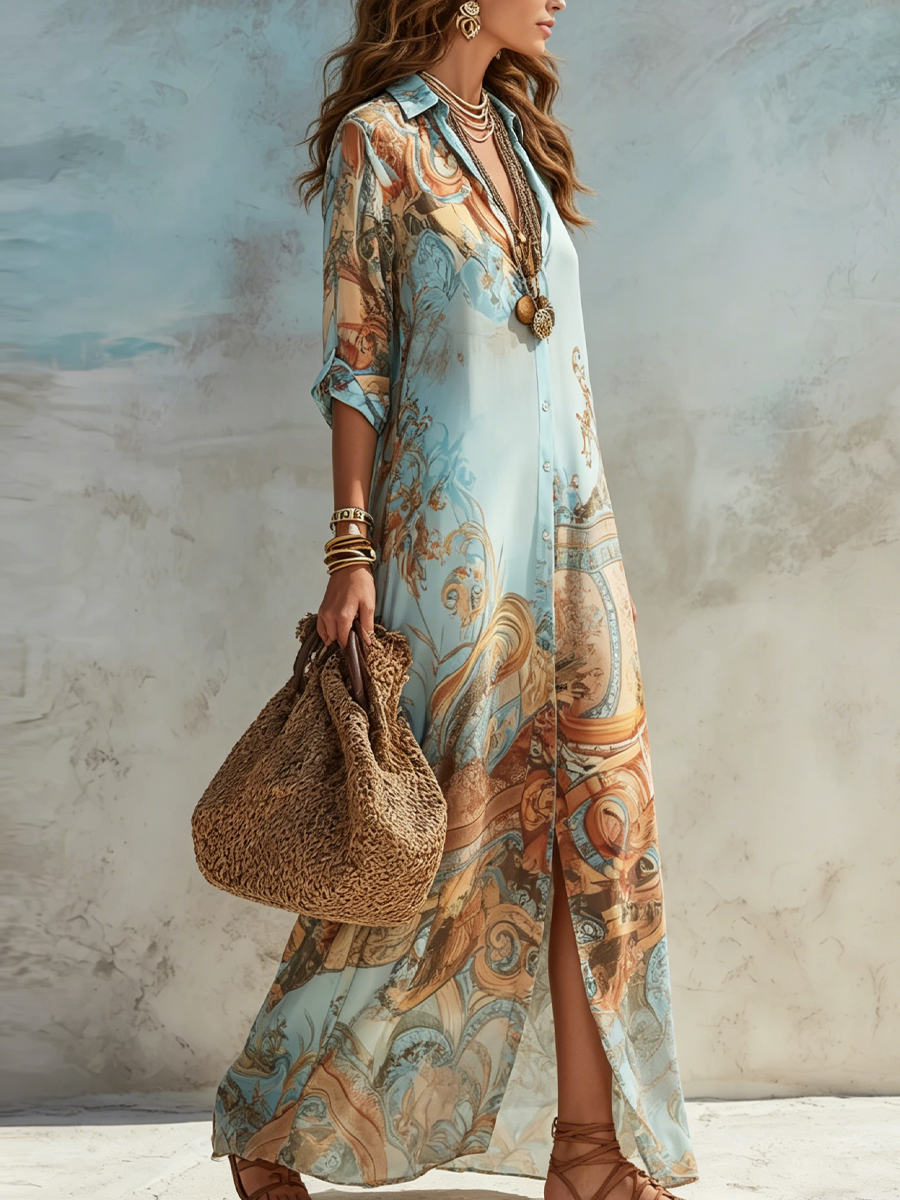 Colette | Blue Printed Shirt Midi Dress oaklynwear
