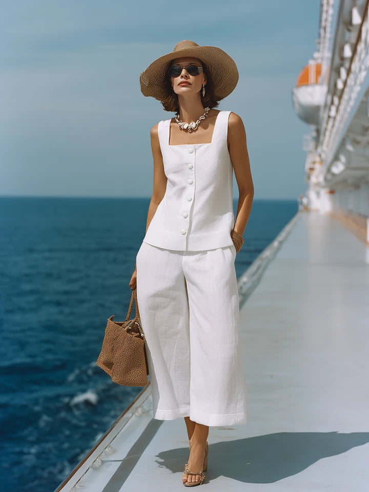 Sophia | Linen Square-Neck Top Capri Pants Set oaklynwear