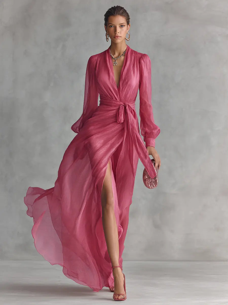 Rosalie | Women's Elegant Rose Pink Pearl Chiffon V-Neck Tie-Waist Long Dress oaklynwear