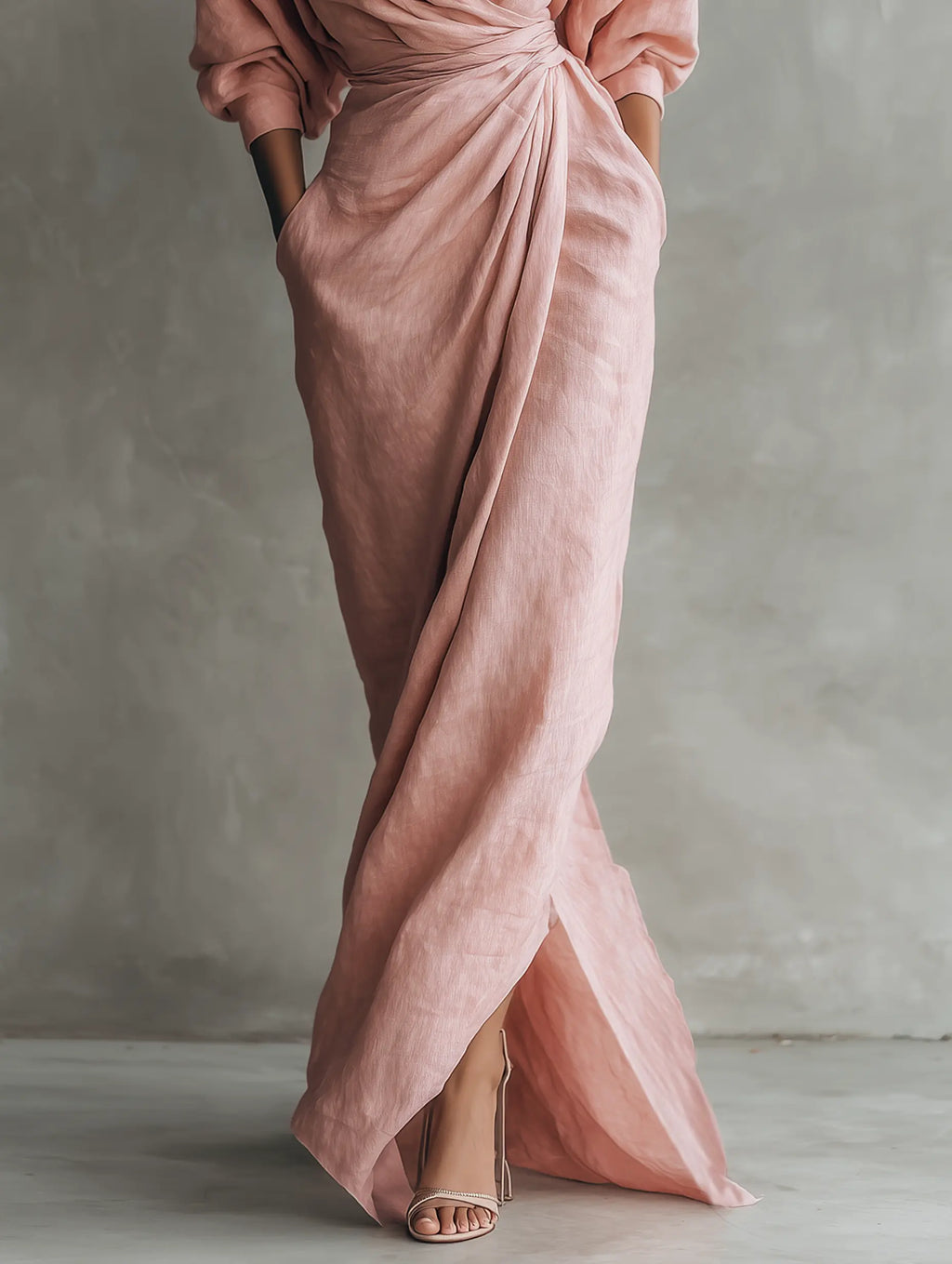 Rosie | Women's Pink Minimalist V-Neck Linen Blend Maxi Dress oaklynwear
