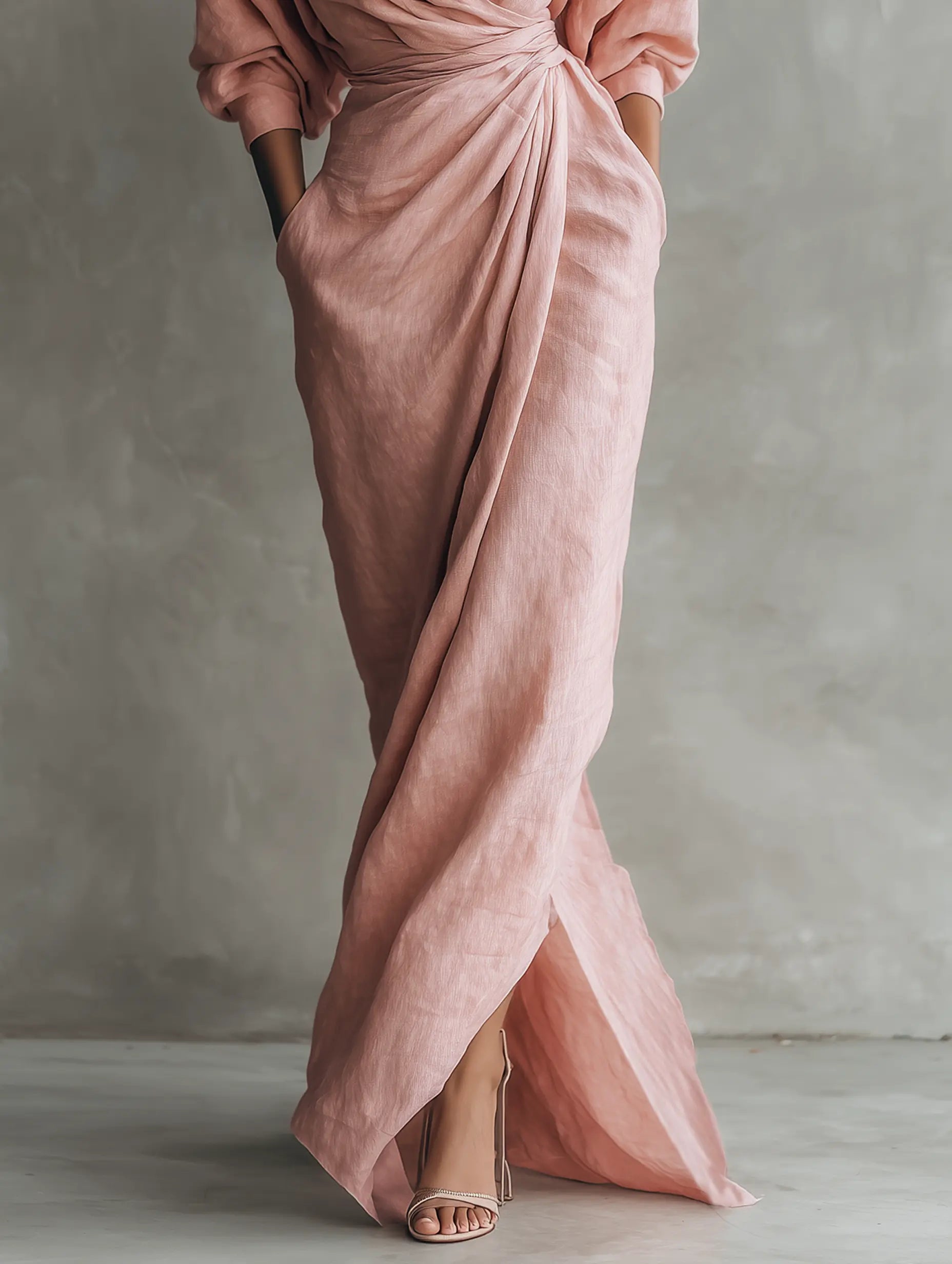Rosie | Women's Pink Minimalist V-Neck Linen Blend Maxi Dress oaklynwear