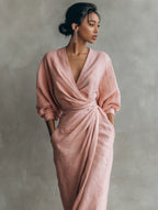 Rosie | Women's Pink Minimalist V-Neck Linen Blend Maxi Dress oaklynwear