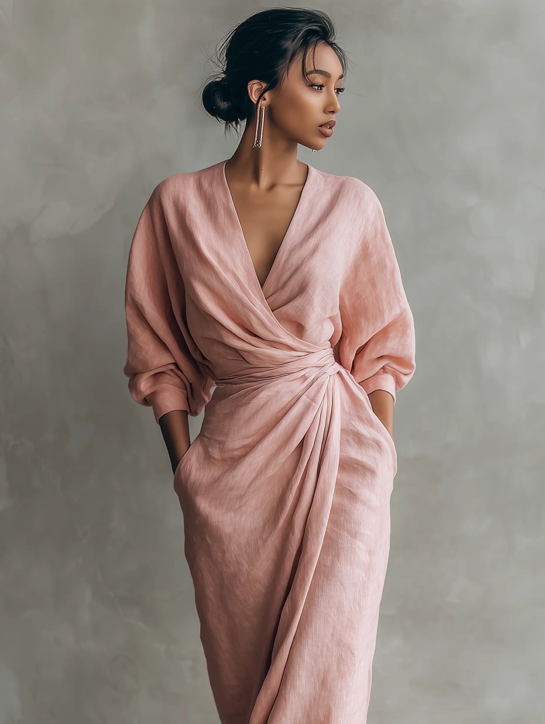 Rosie | Women's Pink Minimalist V-Neck Linen Blend Maxi Dress oaklynwear