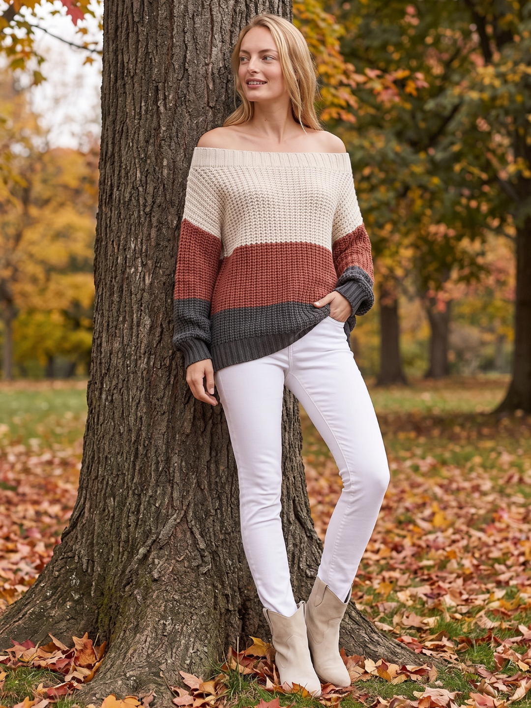 Kinsley | Off-Shoulder Striped Boho Knit Sweater, Oversized Coastal Pullover oaklynwear